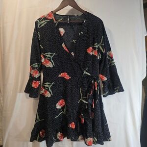 Influence Black Floral Polka Dot Wrap Midi Dress Bell Sleeve Size 10